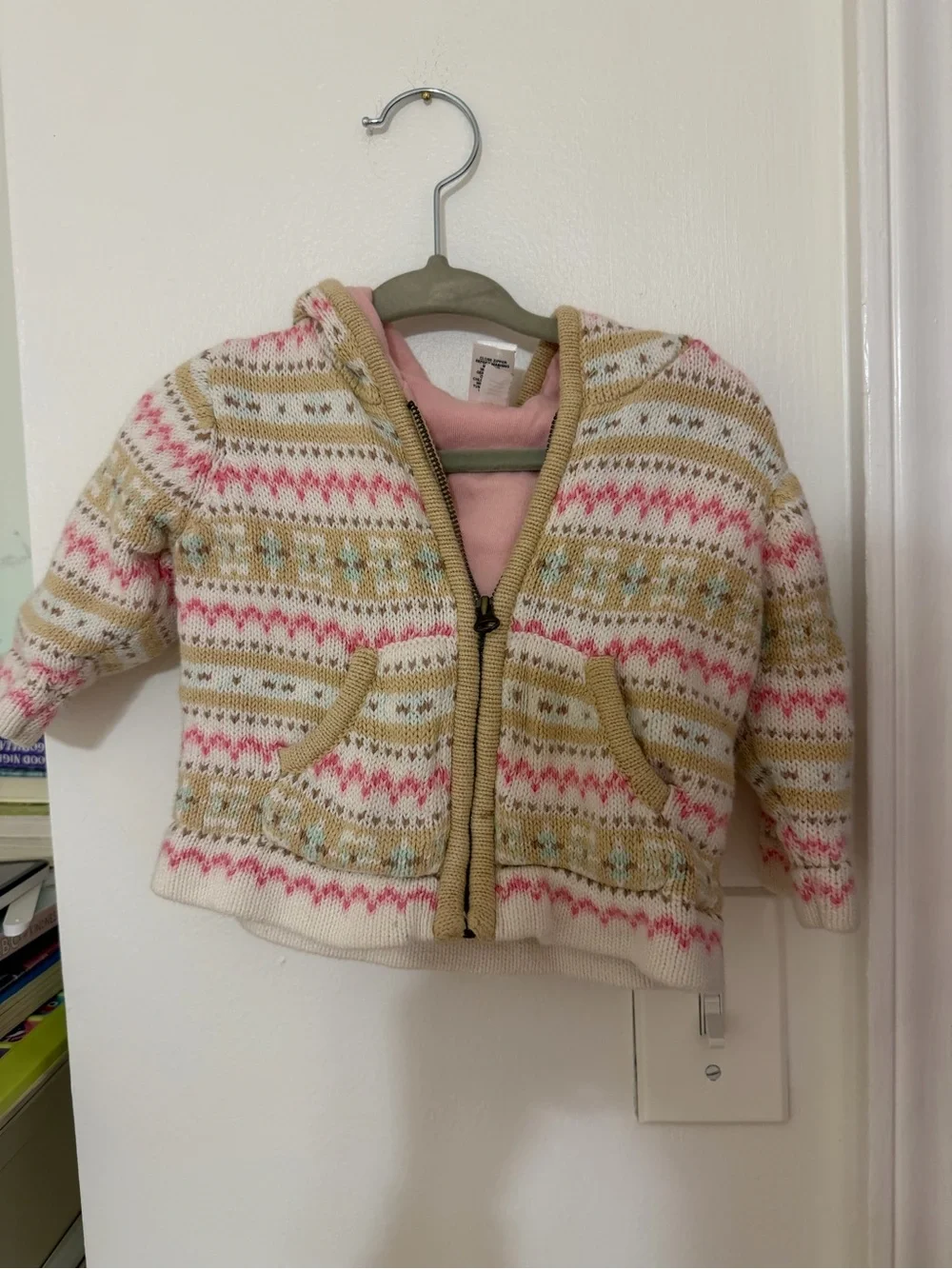 GAP Hooded Fair Isle Zip Sweater - Pink, Cream & Tan baby